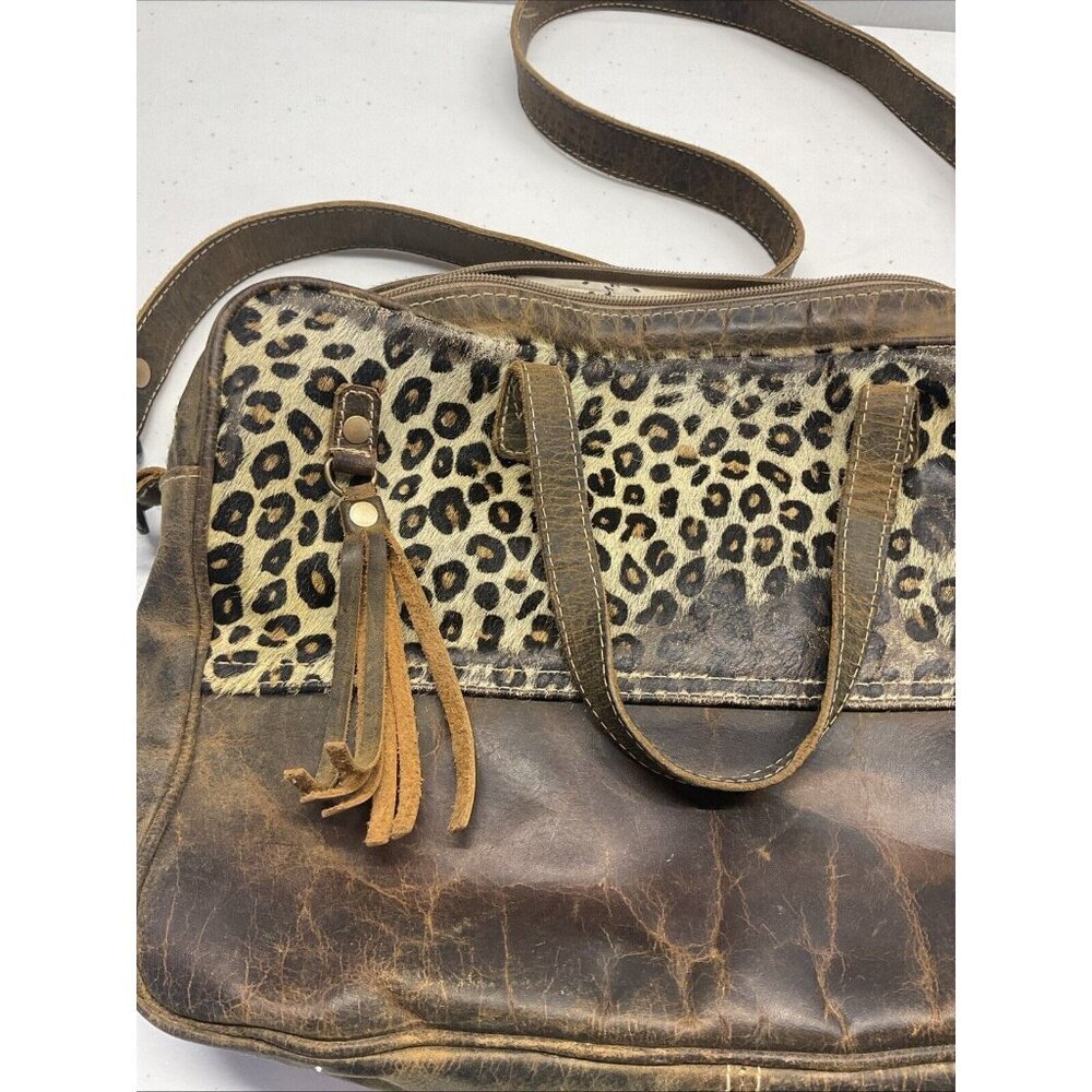 Myra Bag Serenity Leather leopard print Cowhide Laptop Bag 10"x14" - Picture 2 of 9